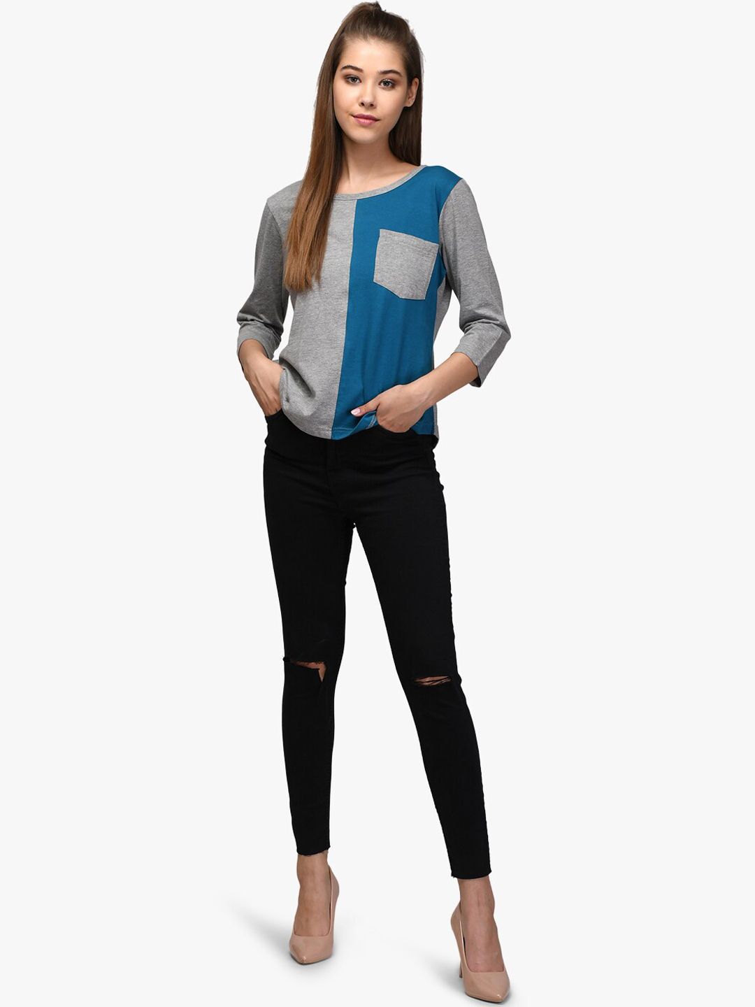 Kotty Women Blue & Grey Colourblocked Round Neck T-shirt