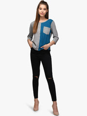 Kotty Women Blue & Grey Colourblocked Round Neck T-shirt