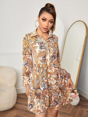 Kotty White & Yellow Ethnic Motifs Printed Crepe Gathered Shirt Dress
