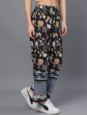 Kotty Women Black Floral Printed Relaxed Straight Fit Easy Wash Trousers