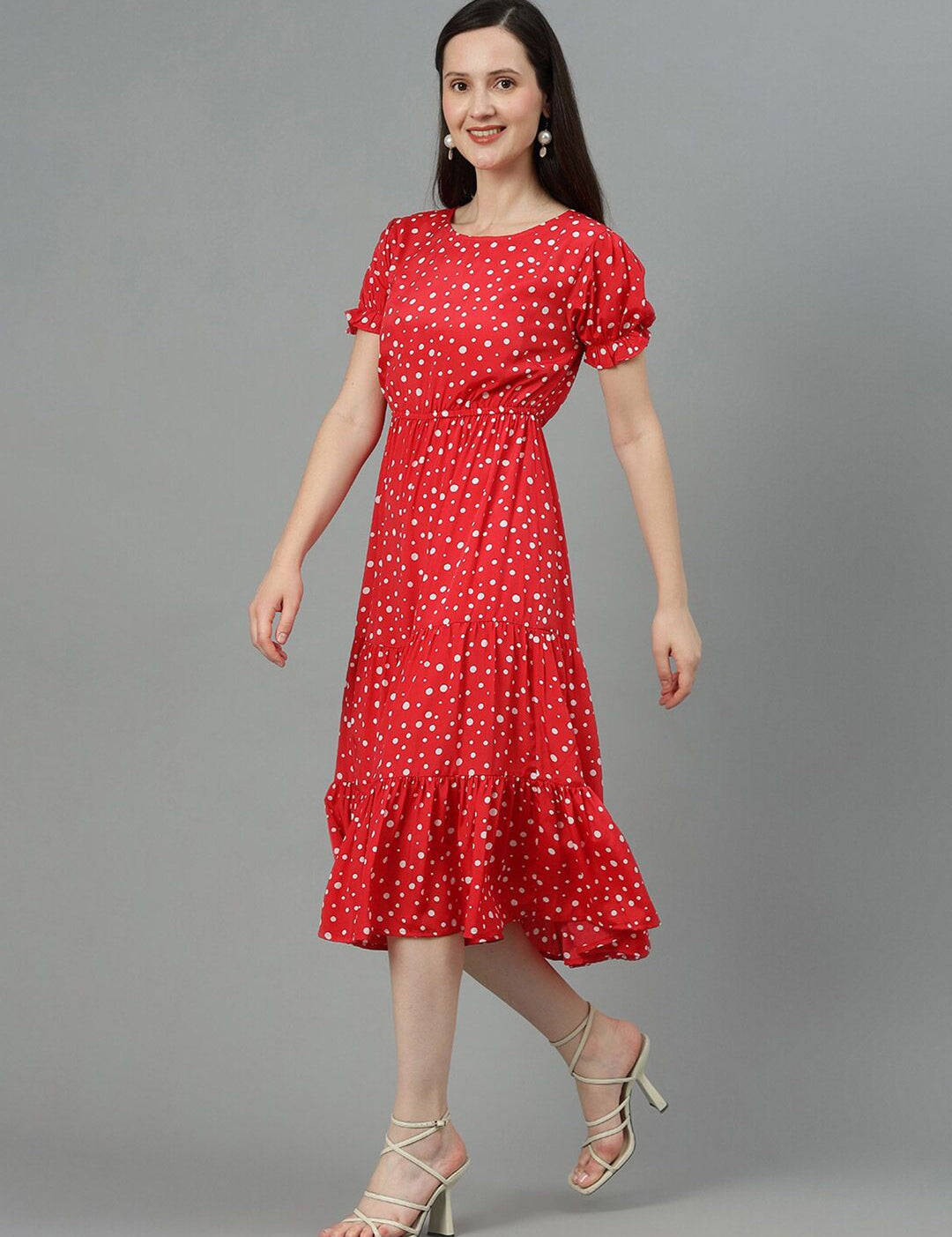 Kotty Red & White Polka Dot Printed Puff Sleeve Crepe Tiered Fit & Flare Midi Dress