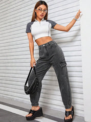 Kotty Women Jean High-Rise Light Fade Stretchable Cargo Jogger