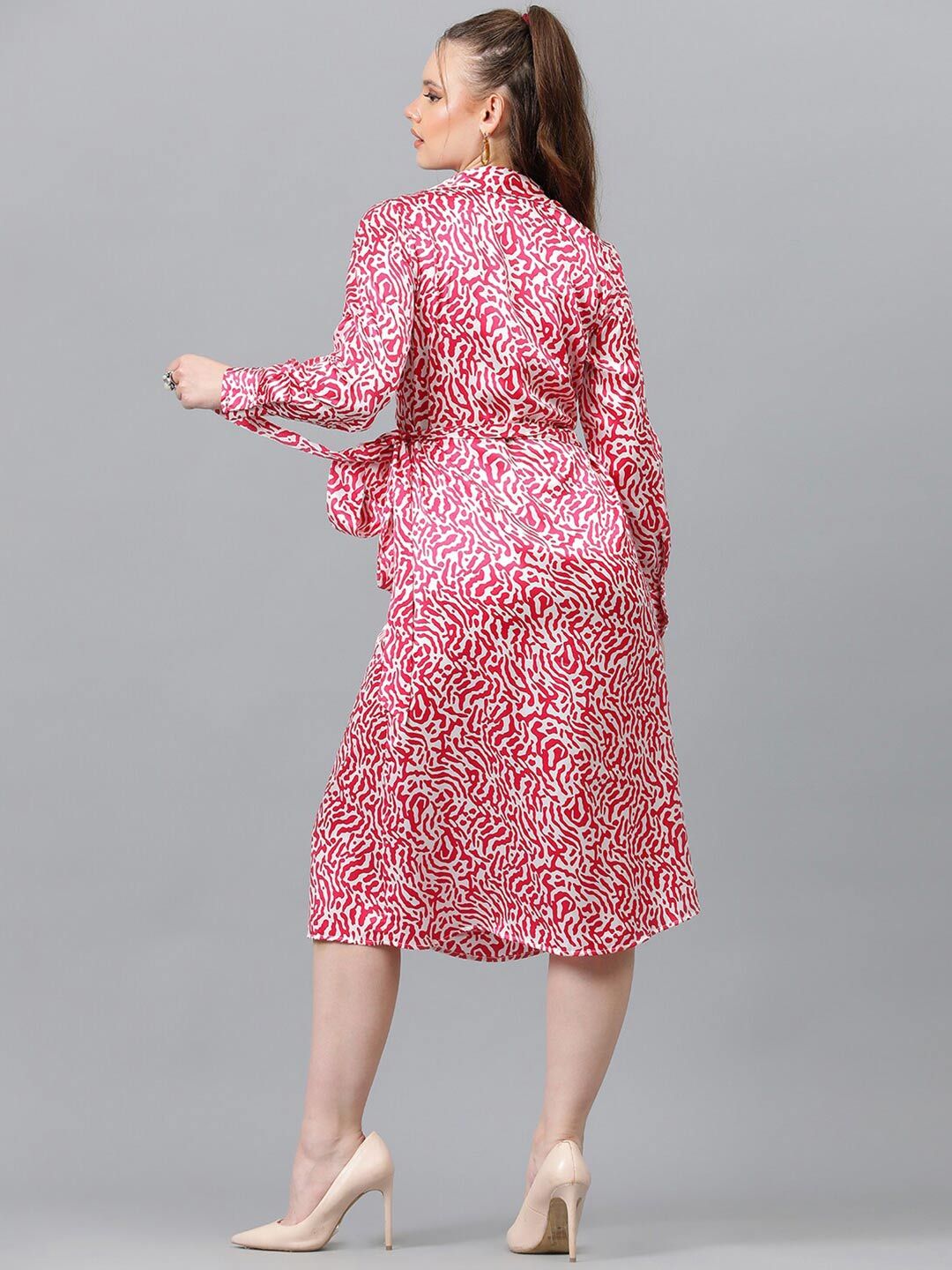 Kotty Pink & White Abstract Printed Puffed Sleeves Satin Midi Dress