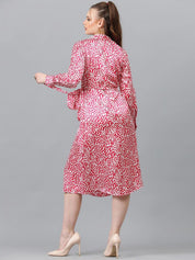 Kotty Pink & White Abstract Printed Puffed Sleeves Satin Midi Dress