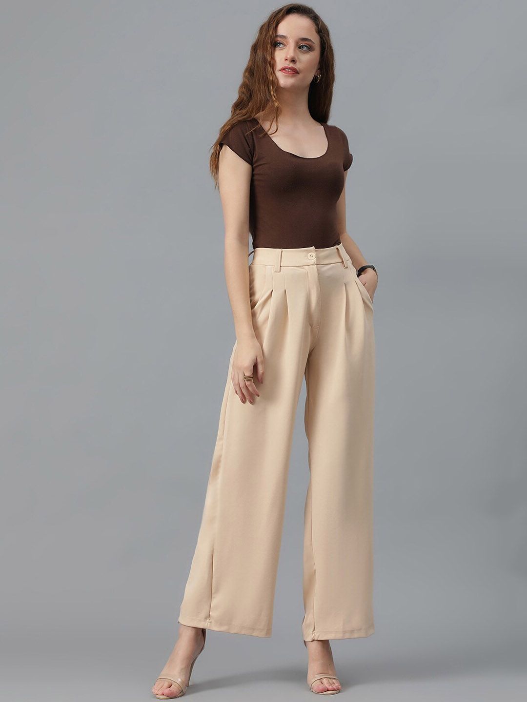 KOTTY BIZwear Women Beige Relaxed Straight Leg High-Rise Easy Wash Parallel Trousers