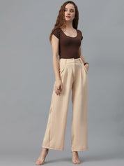 KOTTY BIZwear Women Beige Relaxed Straight Leg High-Rise Easy Wash Parallel Trousers