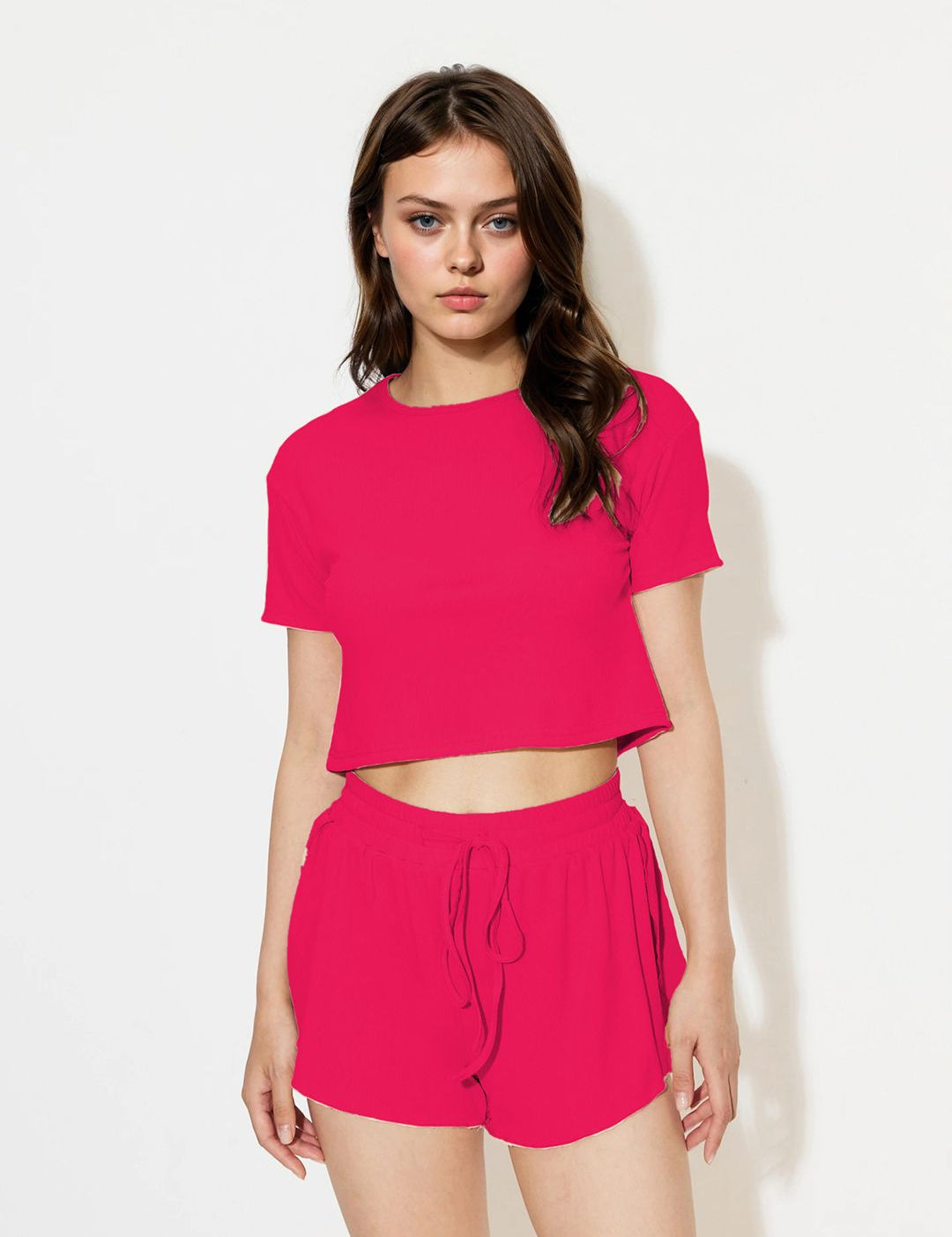 Kotty Pink Round Neck Top With Shorts