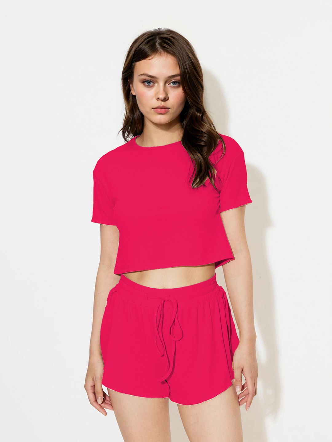 Kotty Pink Round Neck Top With Shorts