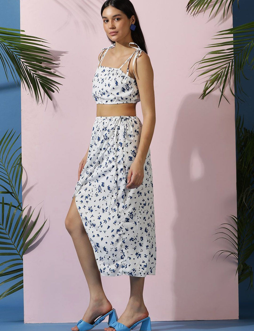 Kotty White Floral Printed Crop Top & Skirt