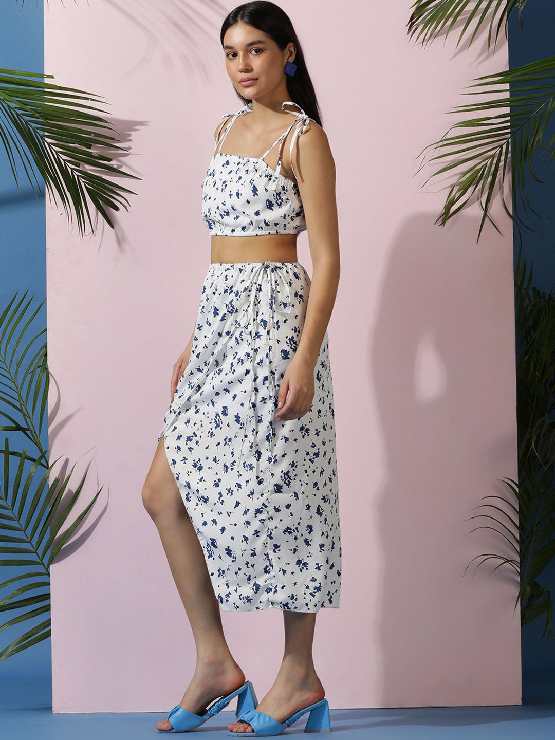 Kotty White Floral Printed Crop Top & Skirt
