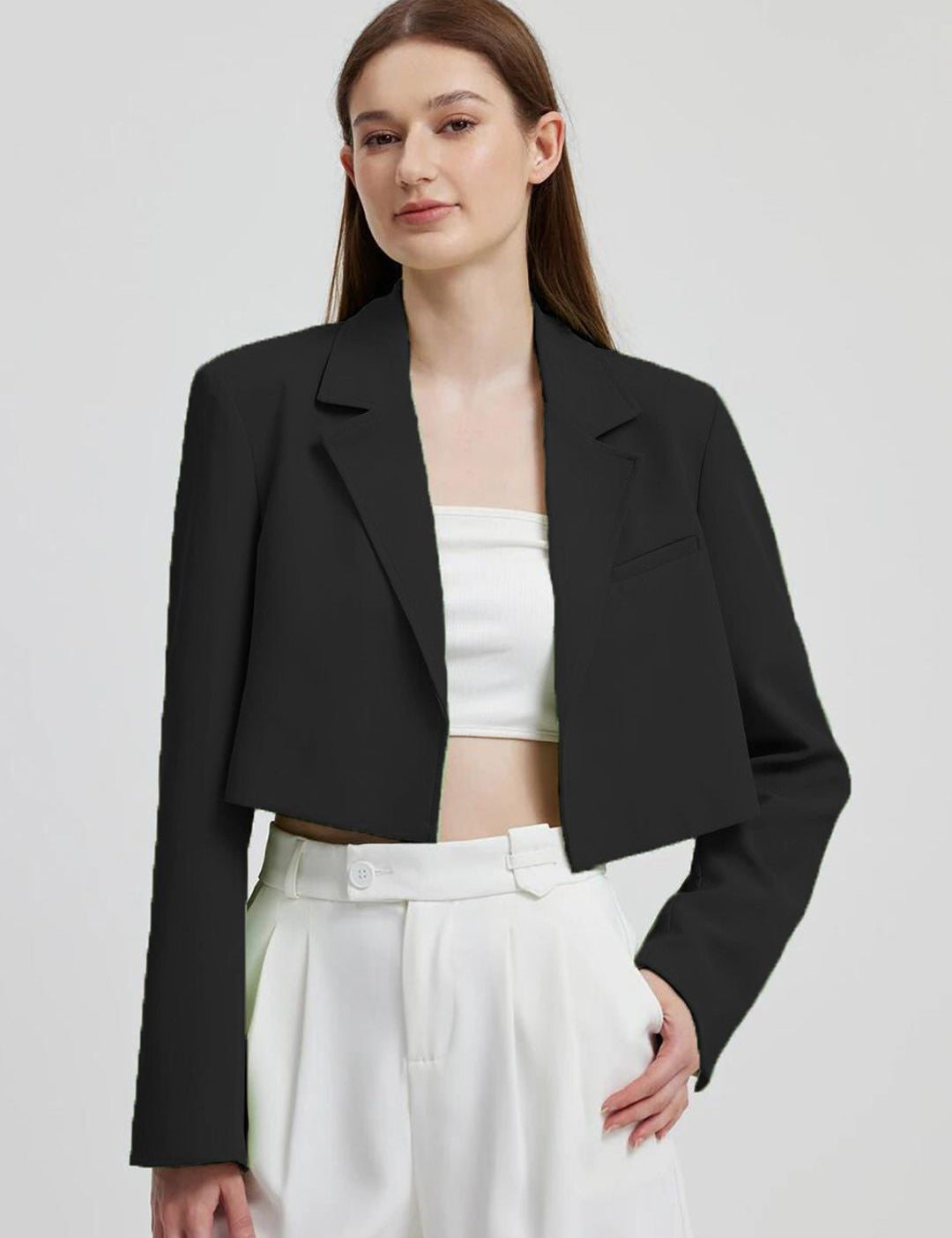 Kotty Black Crop Notched Lapel Collar Regular Fit Blazer