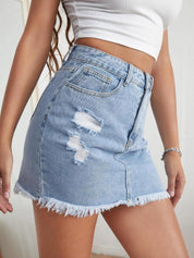 Kotty Denim Fringed Straight Skirt