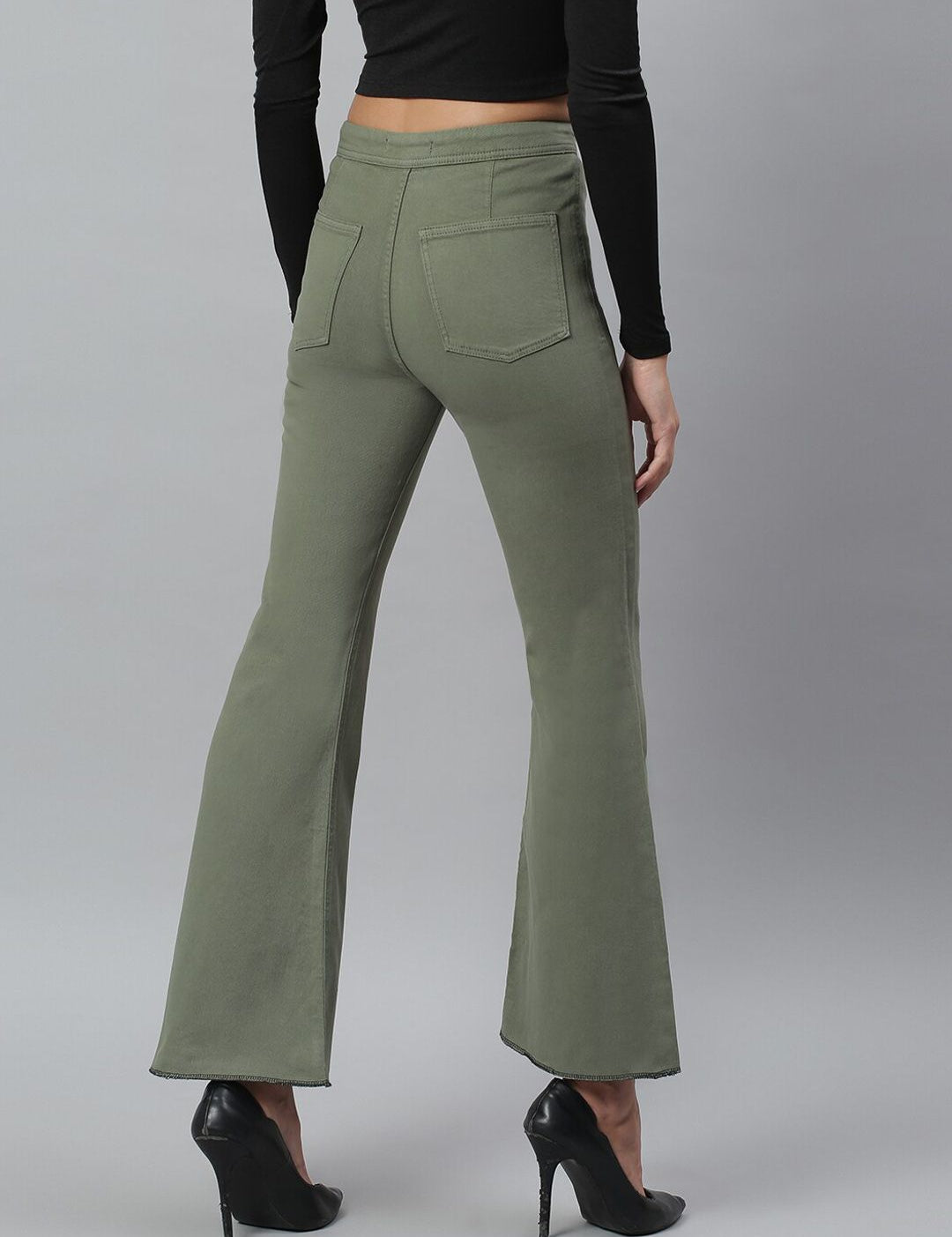 Kotty Women Olive Green Flared High-Rise Stretchable Jeans