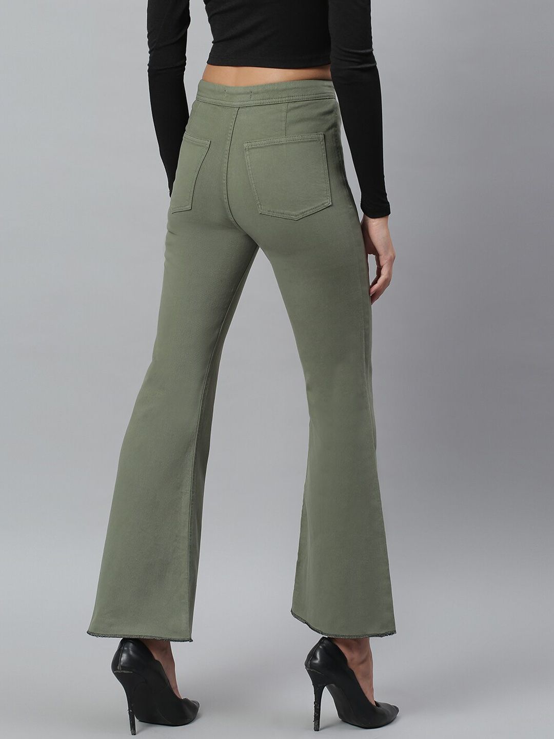 Kotty Women Olive Green Flared High-Rise Stretchable Jeans