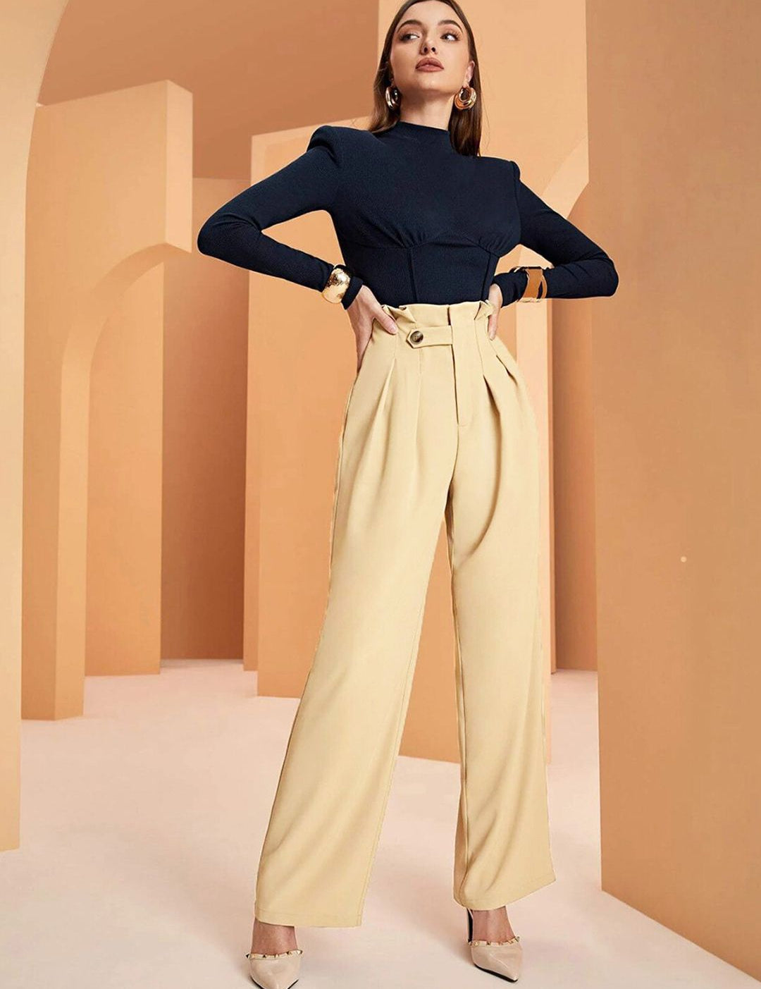 Kotty Women Relaxed Straight Leg Fit High-Rise Easy Wash Pleated Parallel Trousers  