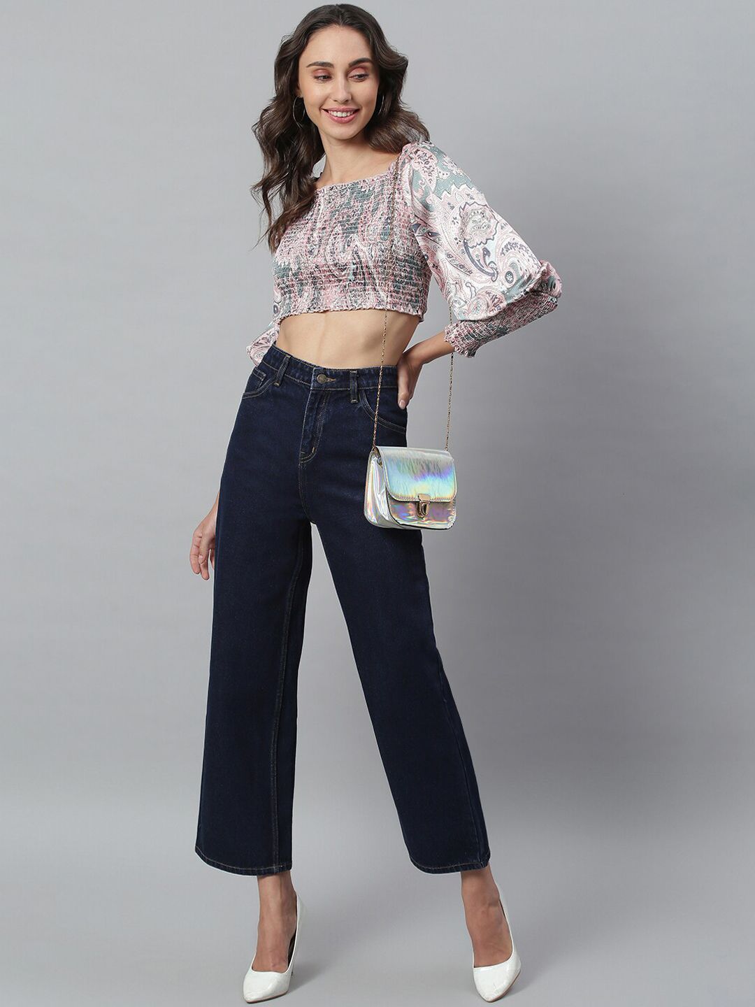 Kotty Women Navy Blue Solid Cotton High-Rise Crop Flared Jeans