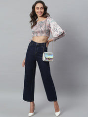 Kotty Women Navy Blue Solid Cotton High-Rise Crop Flared Jeans