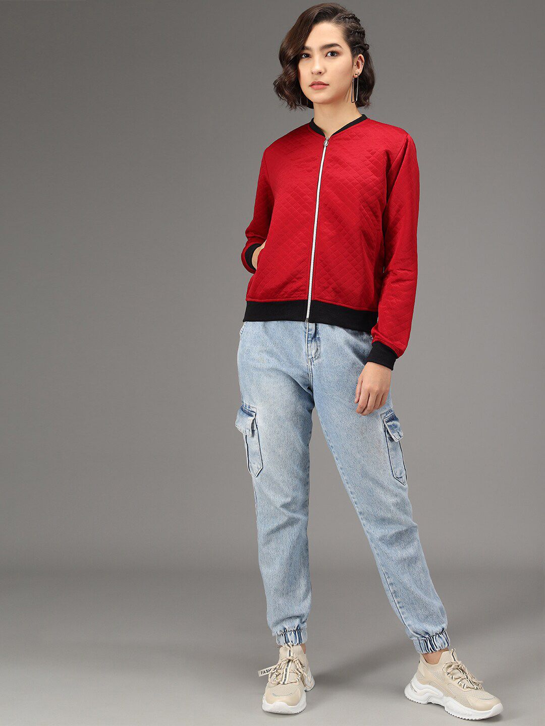 Kotty Women Maroon & Black Geometric Checked Quilted Lightweight Bomber Jacket