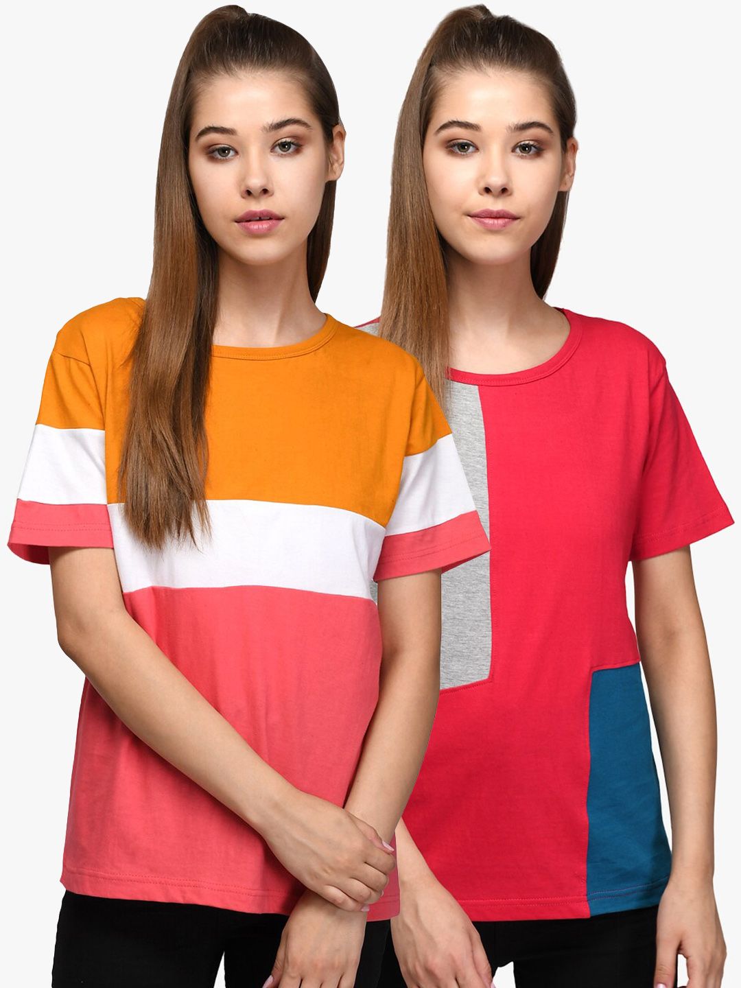 Kotty Women Pack of 2 Colourblocked Round Neck Pure Cotton T-shirts