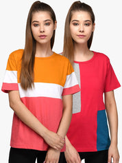 Kotty Women Pack of 2 Colourblocked Round Neck Pure Cotton T-shirts