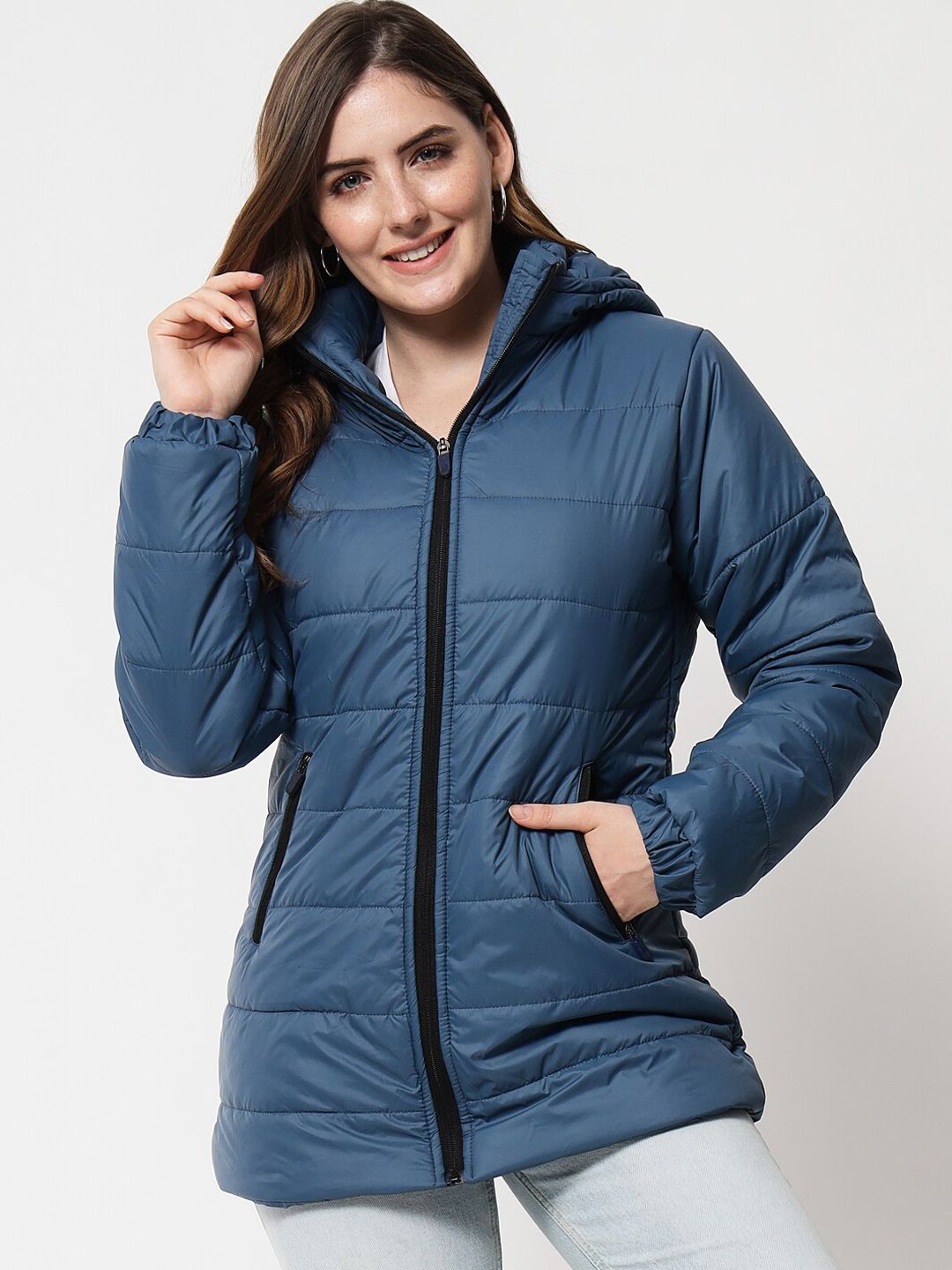 Kotty Women Blue Solid Longline Padded Jacket