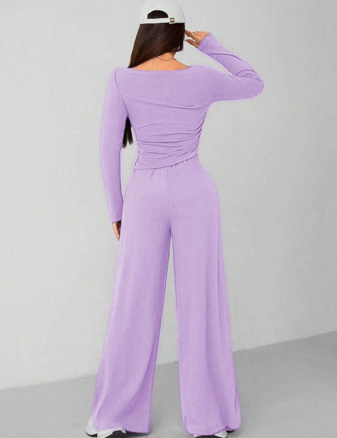 Kotty Round Long Sleeve Crop Top With Wide-Leg Trousers Co-Ords