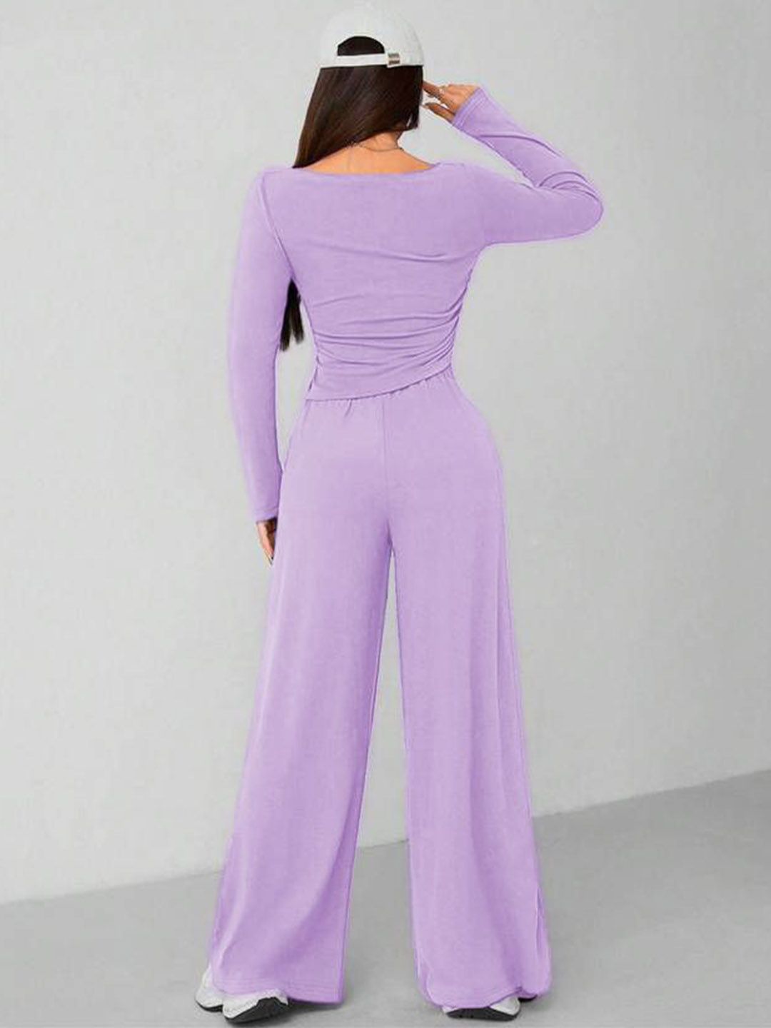 Kotty Round Long Sleeve Crop Top With Wide-Leg Trousers Co-Ords