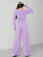 Kotty Round Long Sleeve Crop Top With Wide-Leg Trousers Co-Ords