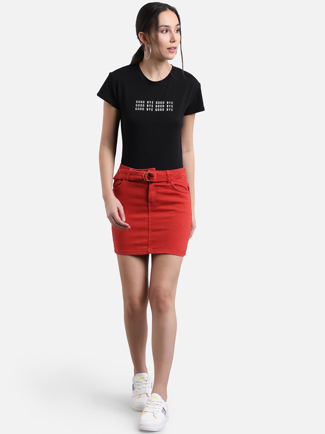 kotty Women Red Solid Mini Denim Straight Skirt