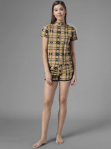 Kotty Women Yellow & Navy Blue Checked Night Suit