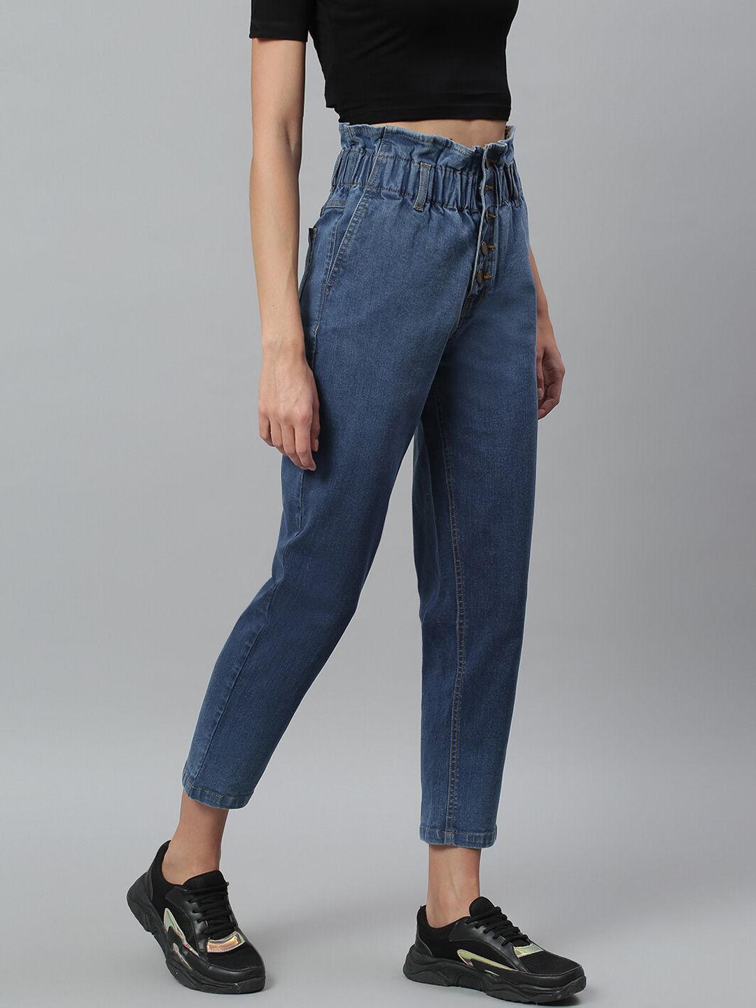 Kotty Women Navy Blue Boyfriend Fit High-Rise Cotton Clean Look Jeans