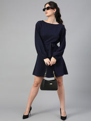 Kotty Navy Blue Puff Sleeves A-Line Dress With Belt