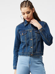 Kotty Women Navy Blue Solid Denim Jacket