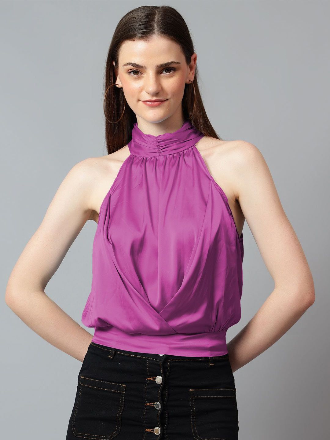 Kotty Women Solid Halter Neck Satin Top
