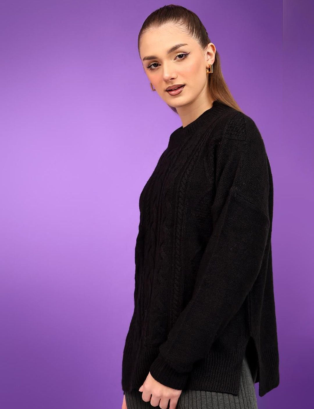 Kotty Women Self Design Cable Knit Pullover Sweater 