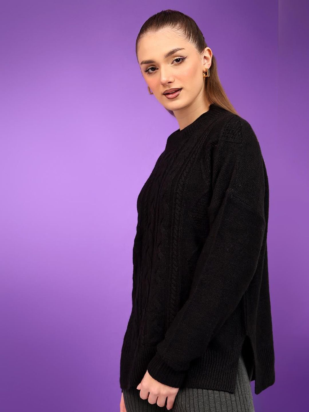 Kotty Women Self Design Cable Knit Pullover Sweater 