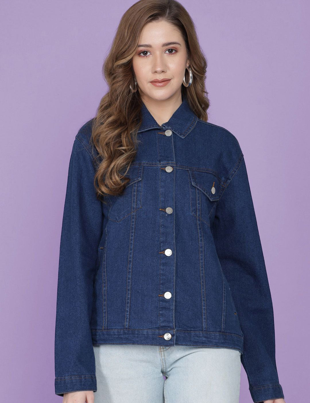 Kotty Women Spread Collar Solid Cotton Casual Denim Jacket