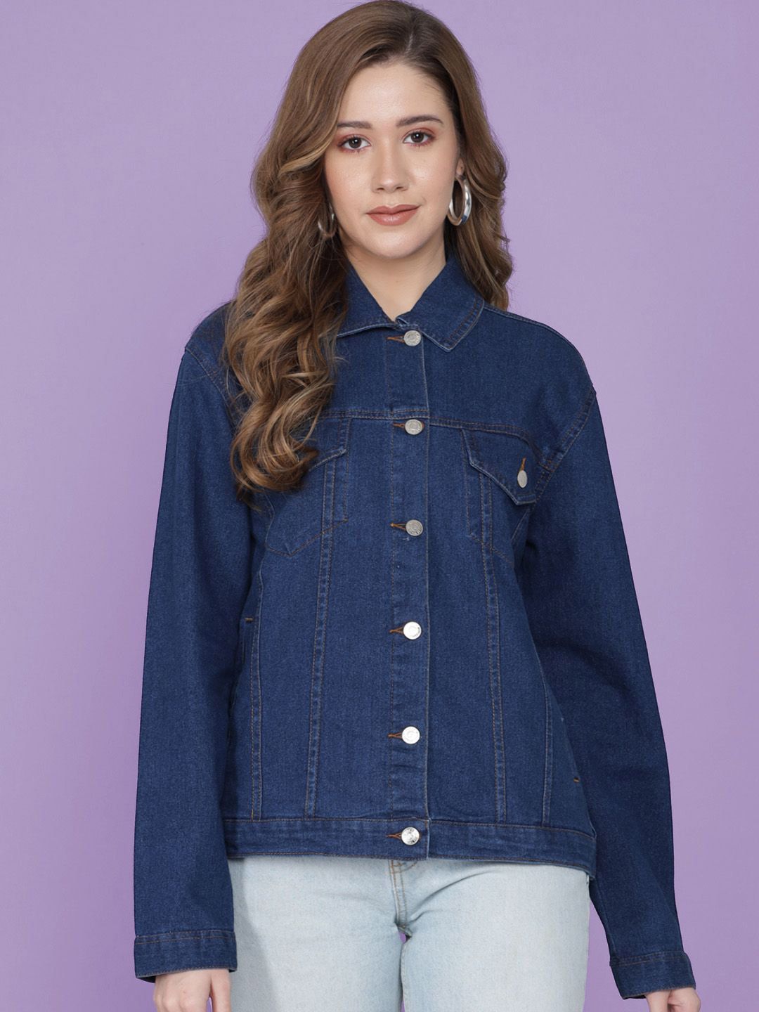 Kotty Women Spread Collar Solid Cotton Casual Denim Jacket