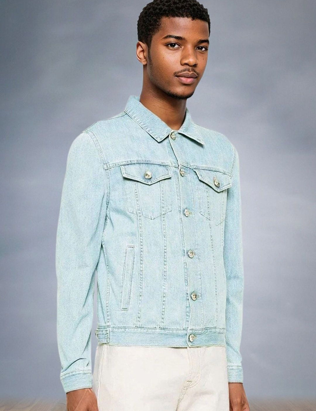 Kotty Men Spread Collar Solid Denim Jacket