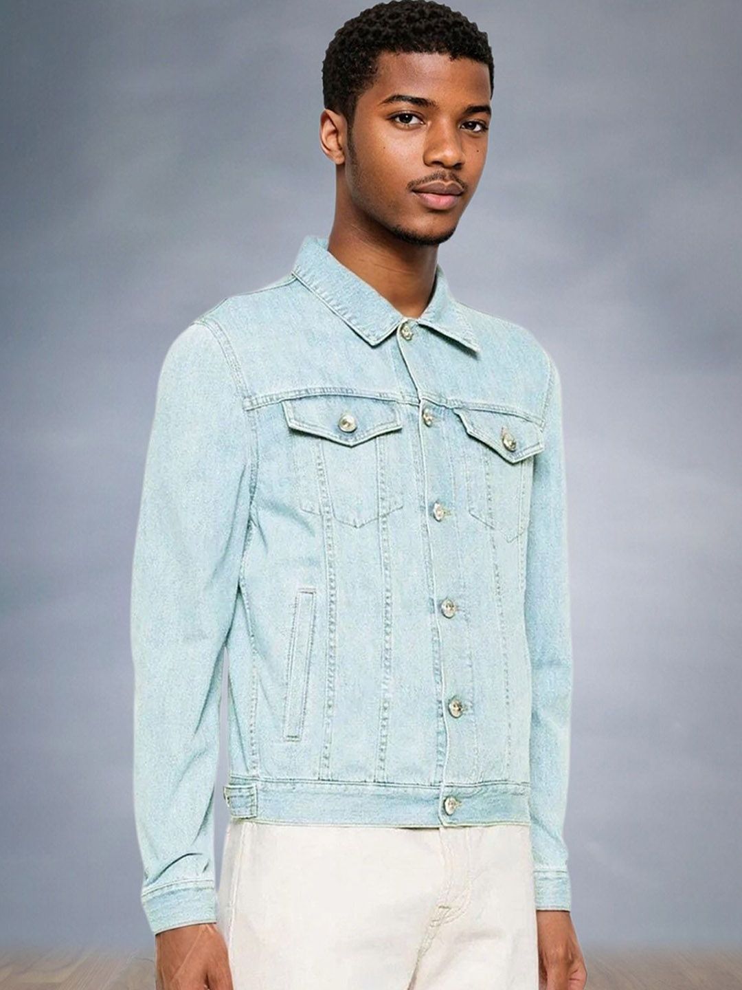 Kotty Men Spread Collar Solid Denim Jacket