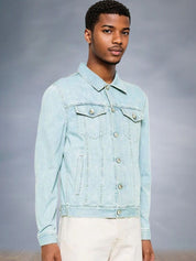 Kotty Men Spread Collar Solid Denim Jacket
