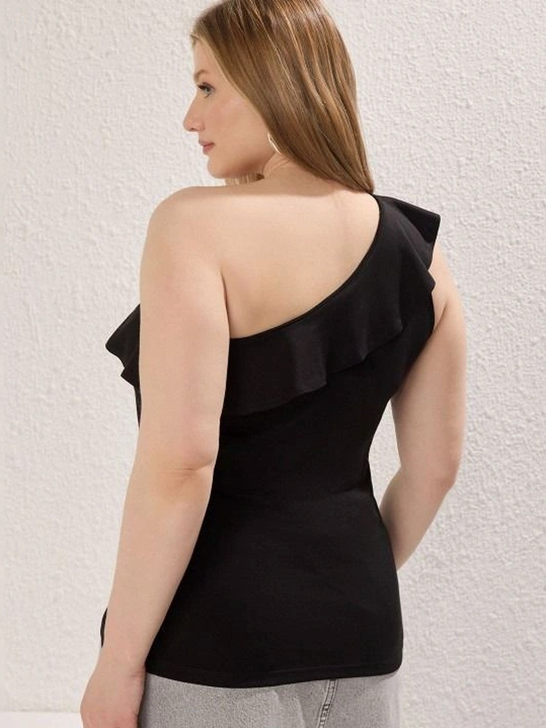 Kotty Women's Jet Black One Shoulder Ruffle Sleeveless Top | Party Wear Top