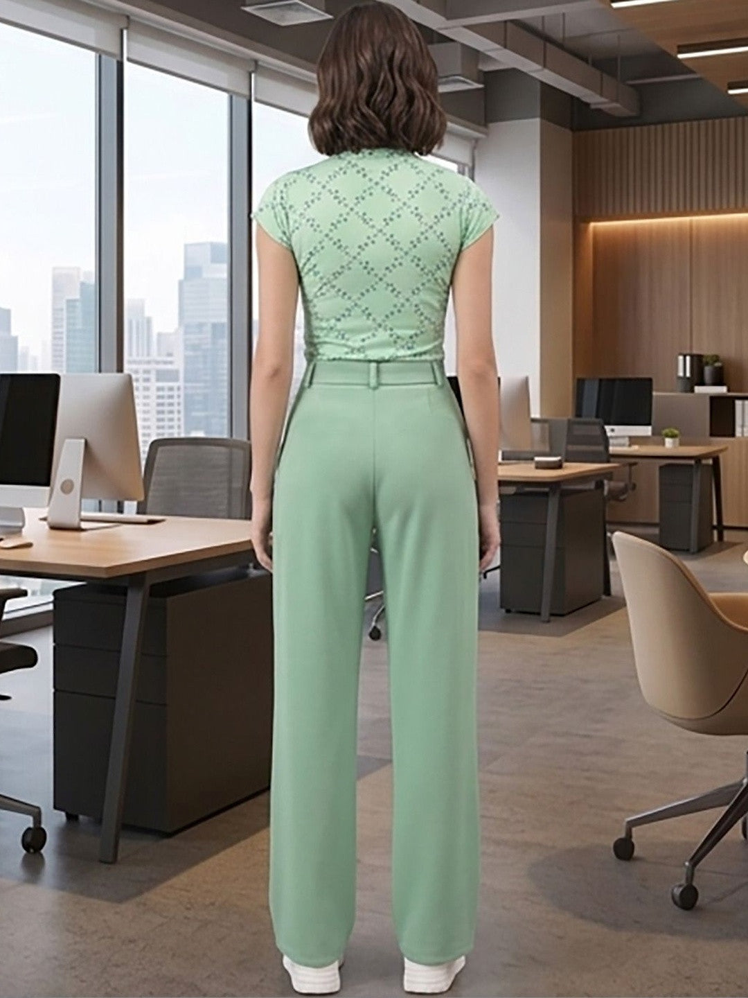 Green Relaxed Fit High-Rise Trousers for Women | Kotty