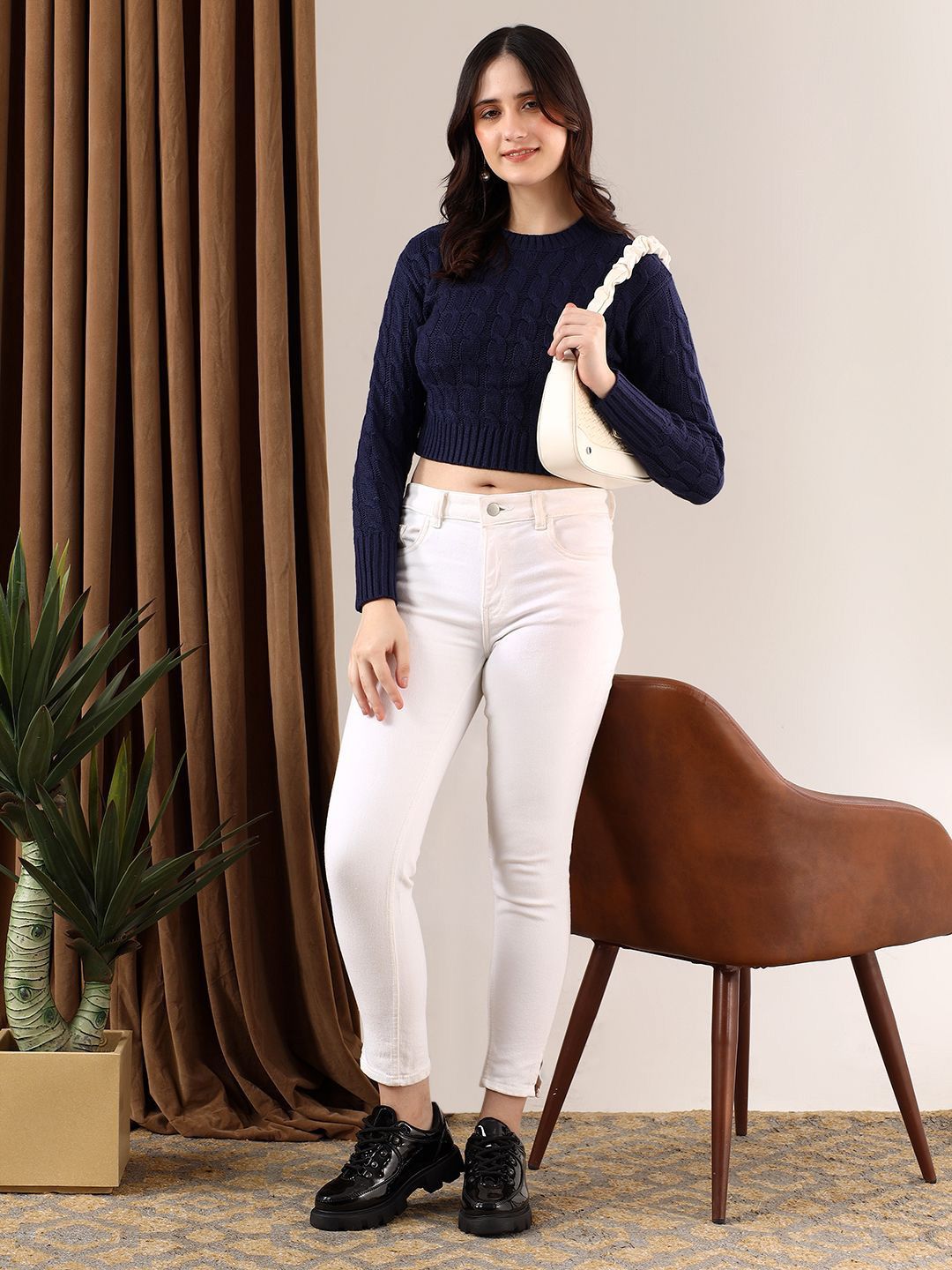 Kotty Women Cable Knit Crop Pullover