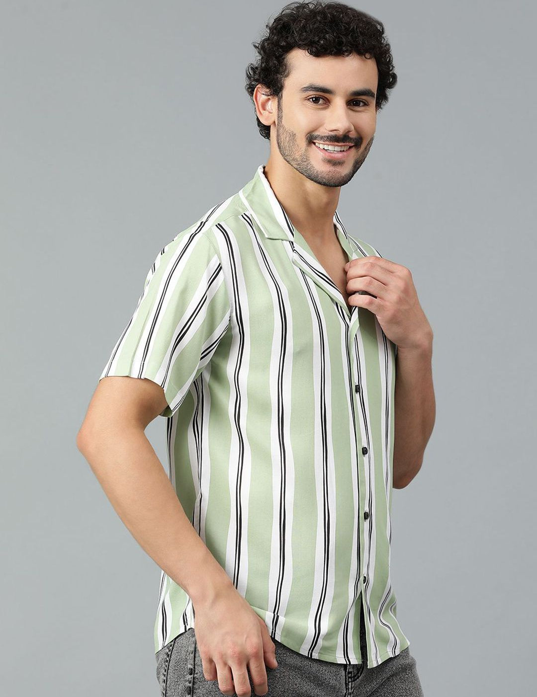 Kotty Men Cuban Collar Striped Casual Shirt