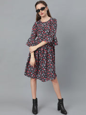 Kotty Black & Red Floral Printed Flared Sleeves Crepe Gathered Fit & Flare Dress