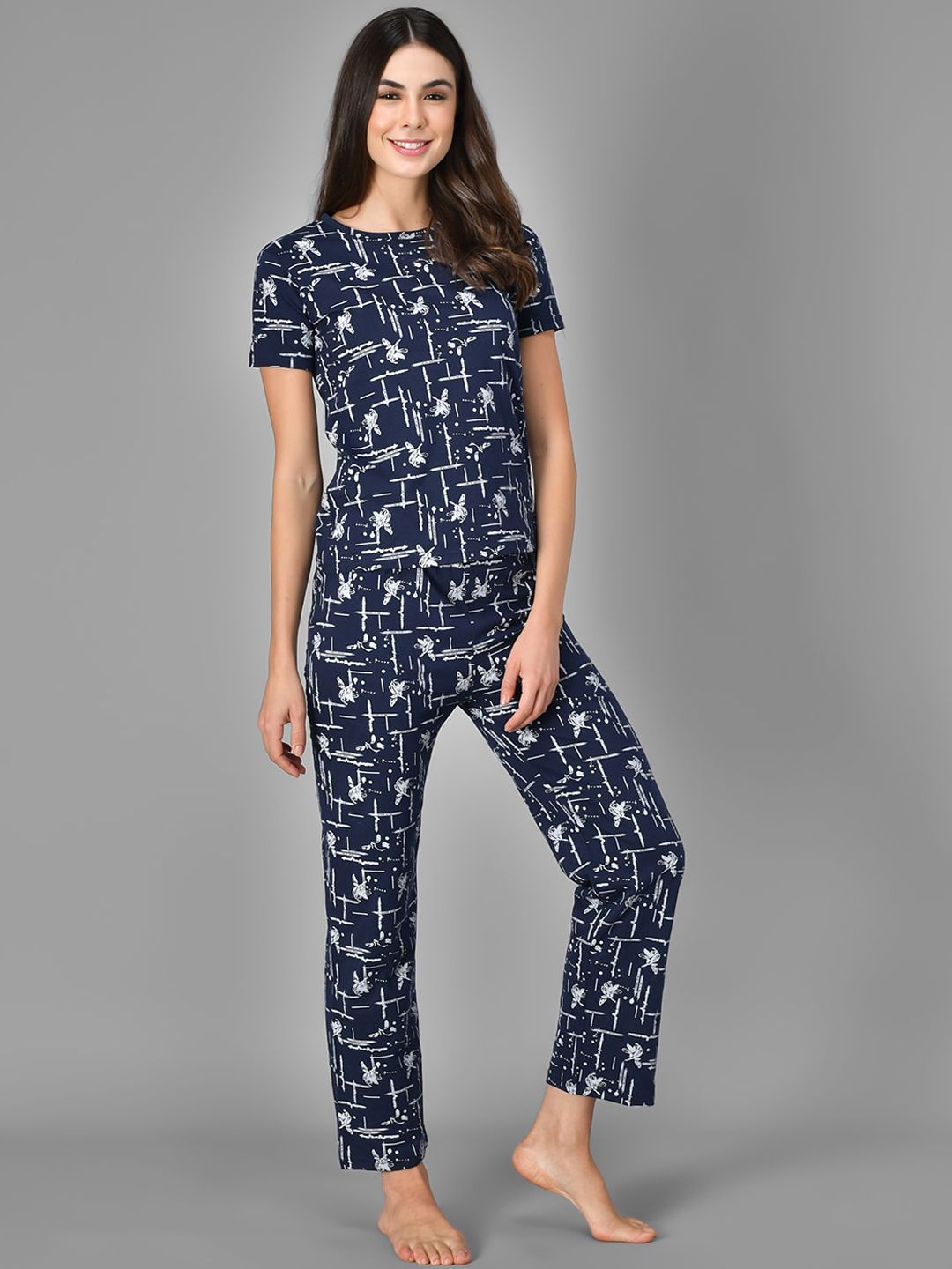 Kotty Women Blue & White Printed Night Suit