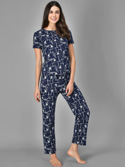 Kotty Women Blue & White Printed Night Suit