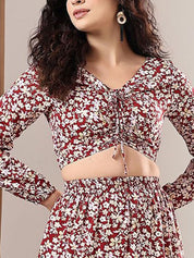 Kotty Maroon Floral Printed V-Neck Puff Sleeves Top With Skirt 