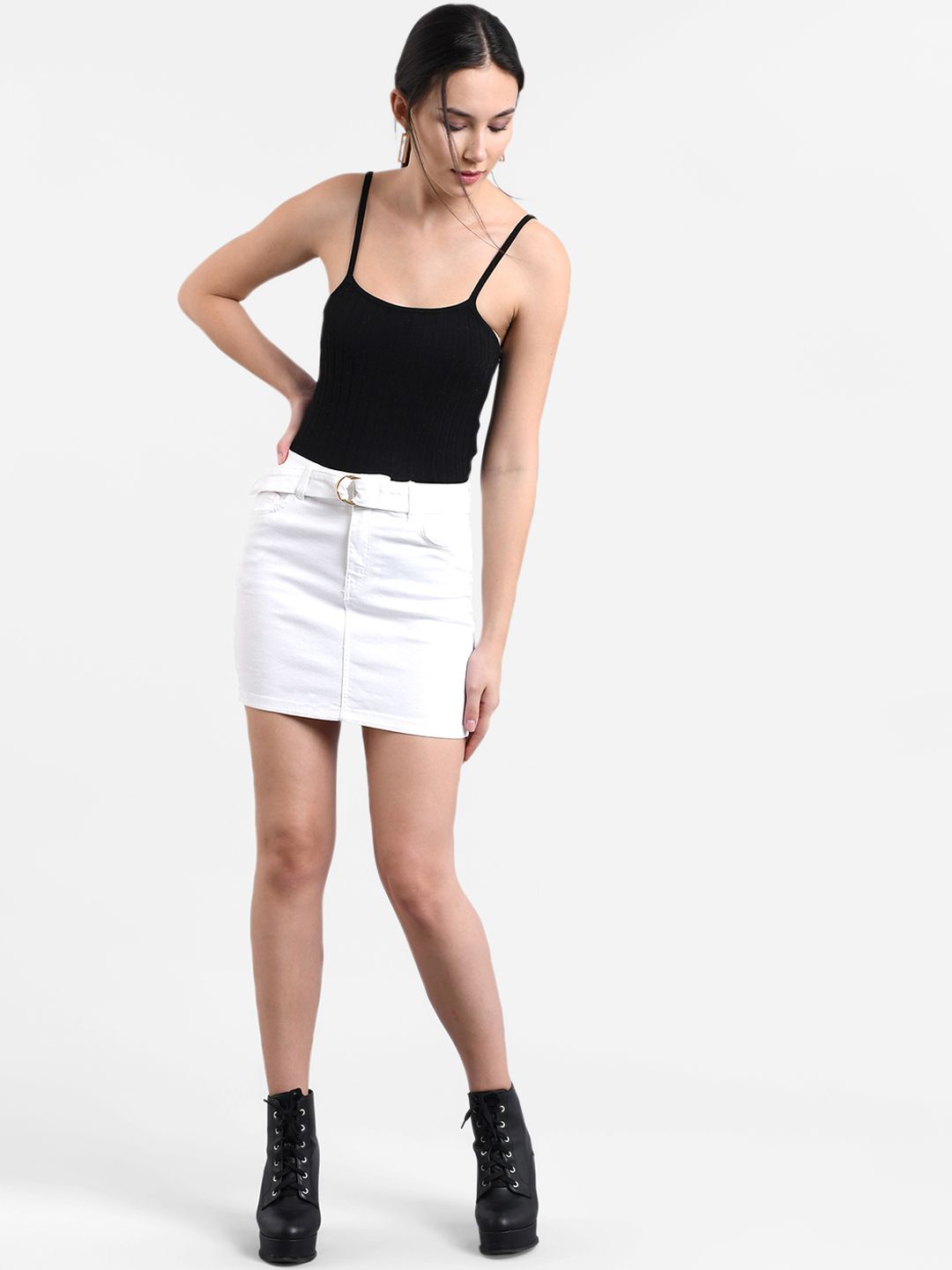 Kotty Women White Solid Denim Straight Mini Skirt